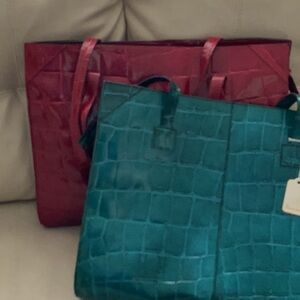 Elegant Red and Teal Crocodile-Embossed Tote Bag